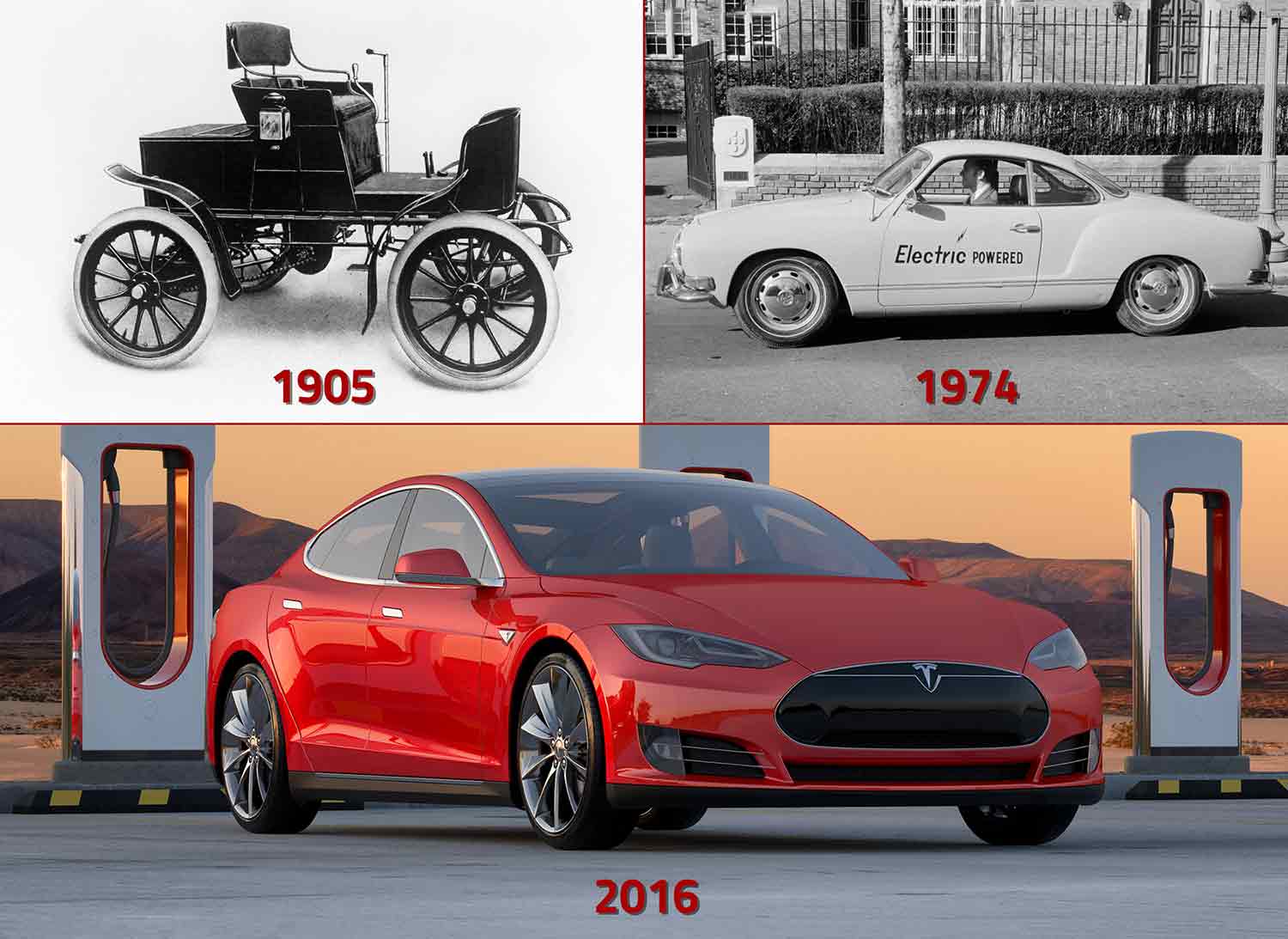 Electric cars from 1905, 1974, and 2016.