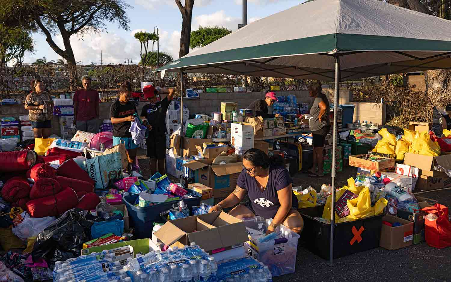 Several people sort through food, water, and other emergency supplies outdoors under a shelter.