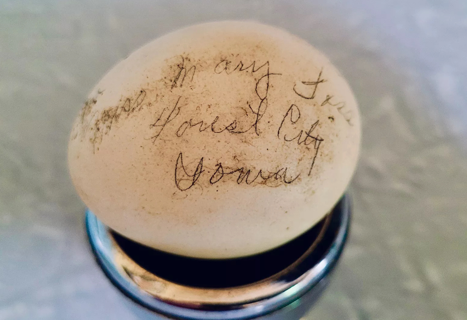 An old egg with “Miss Mary Foss, Forest City, Iowa” written on it.