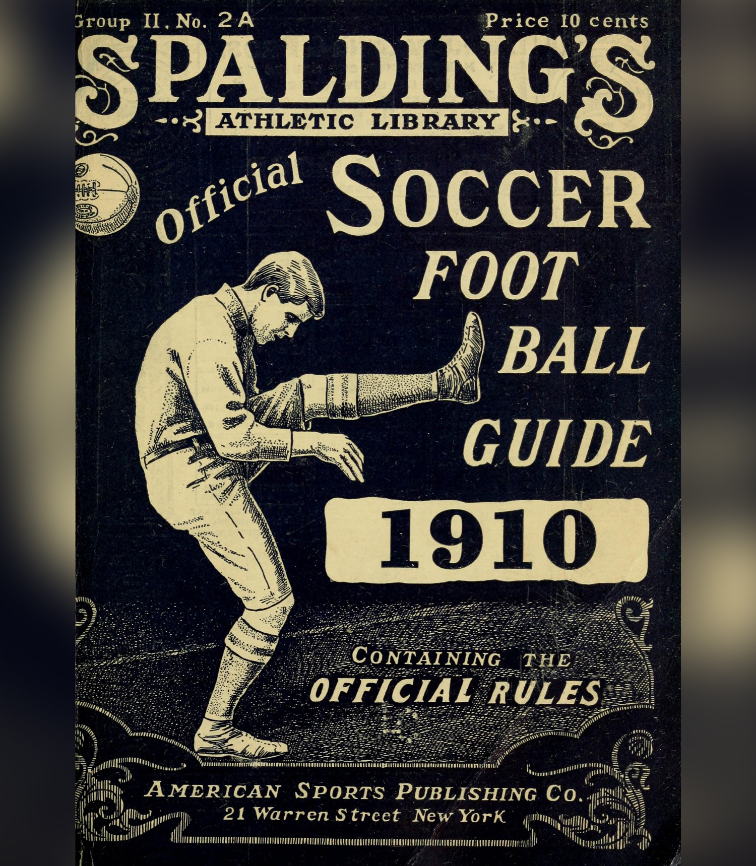 The cover of a soccer football guide from 1910 shows an athlete in uniform.