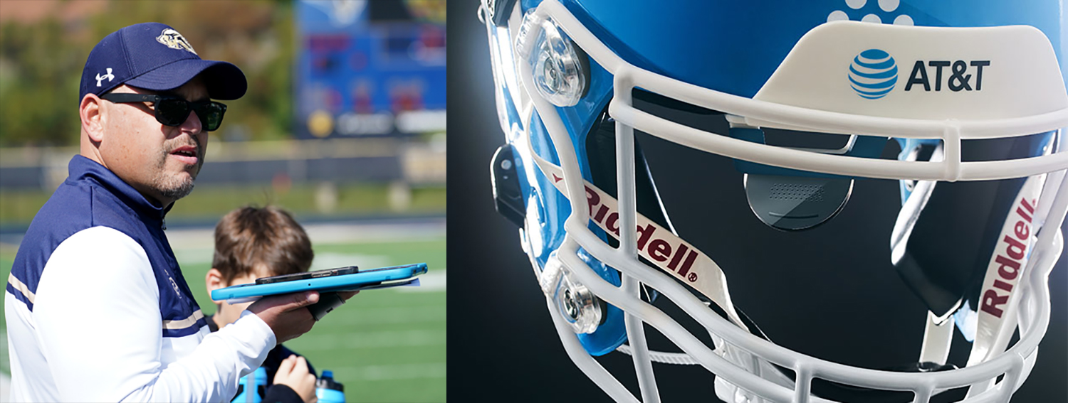 A man on a football field holds a tablet and phone next to a closeup of a helmet with a tiny display.