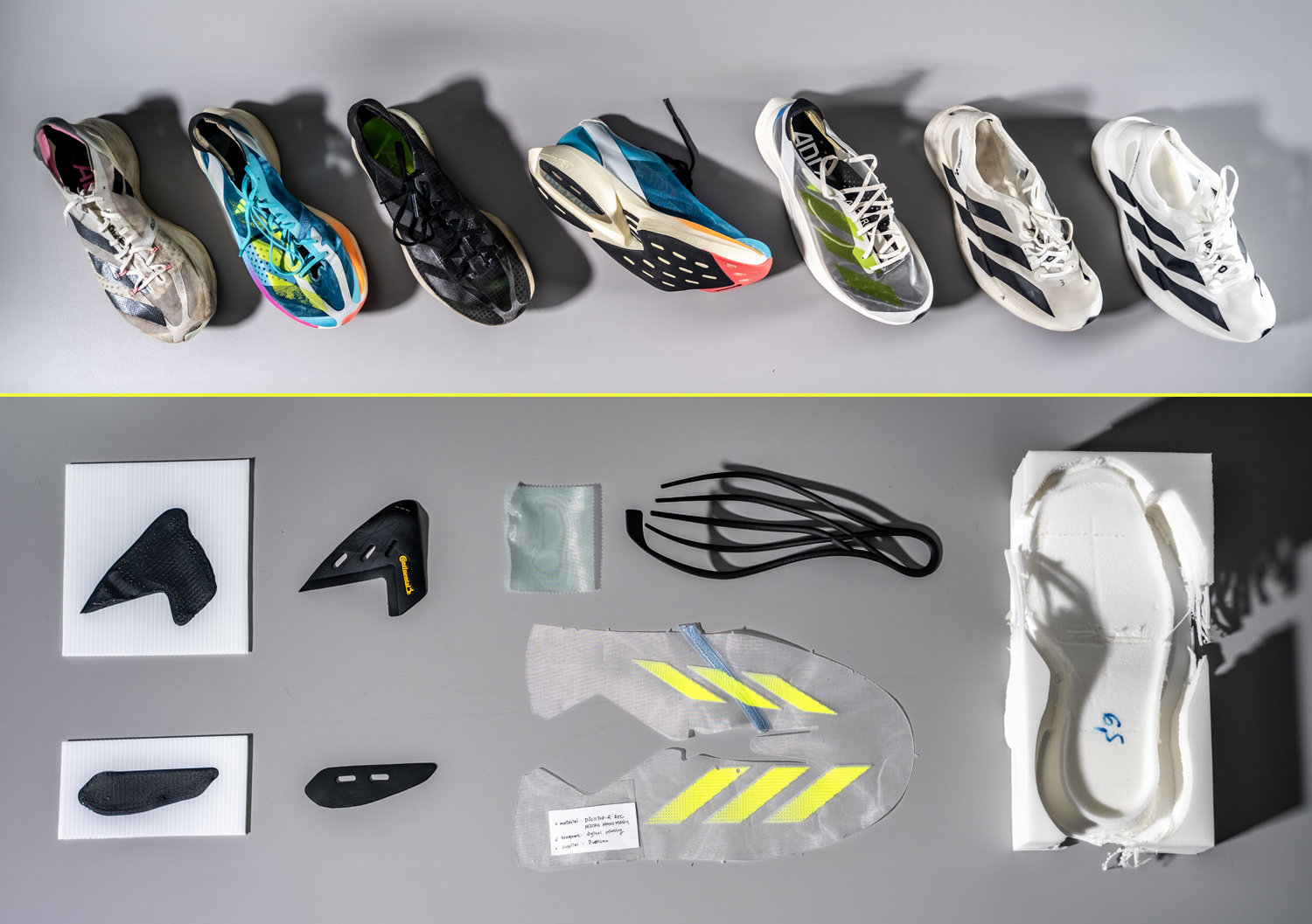 A lineup of Adizero Adios Pro Evo 1 shoes along with various lightweight materials.