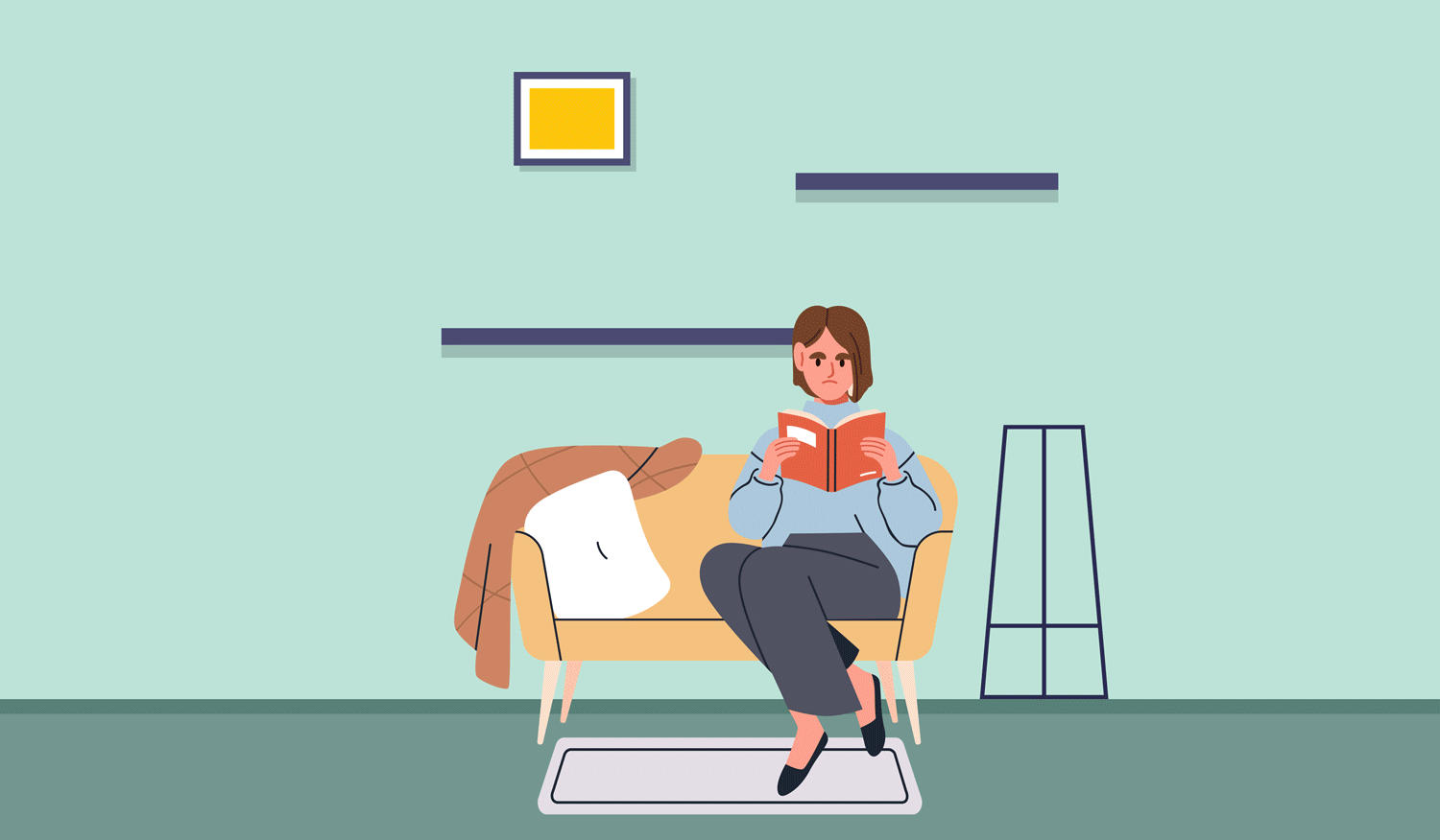 A woman who is sitting and reading goes from sad to happy as plants are added to the room.