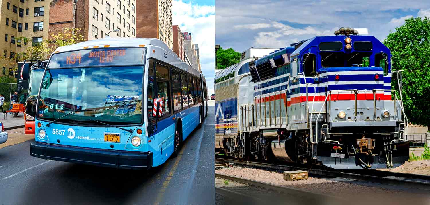 Side by side images of a bus and a train.