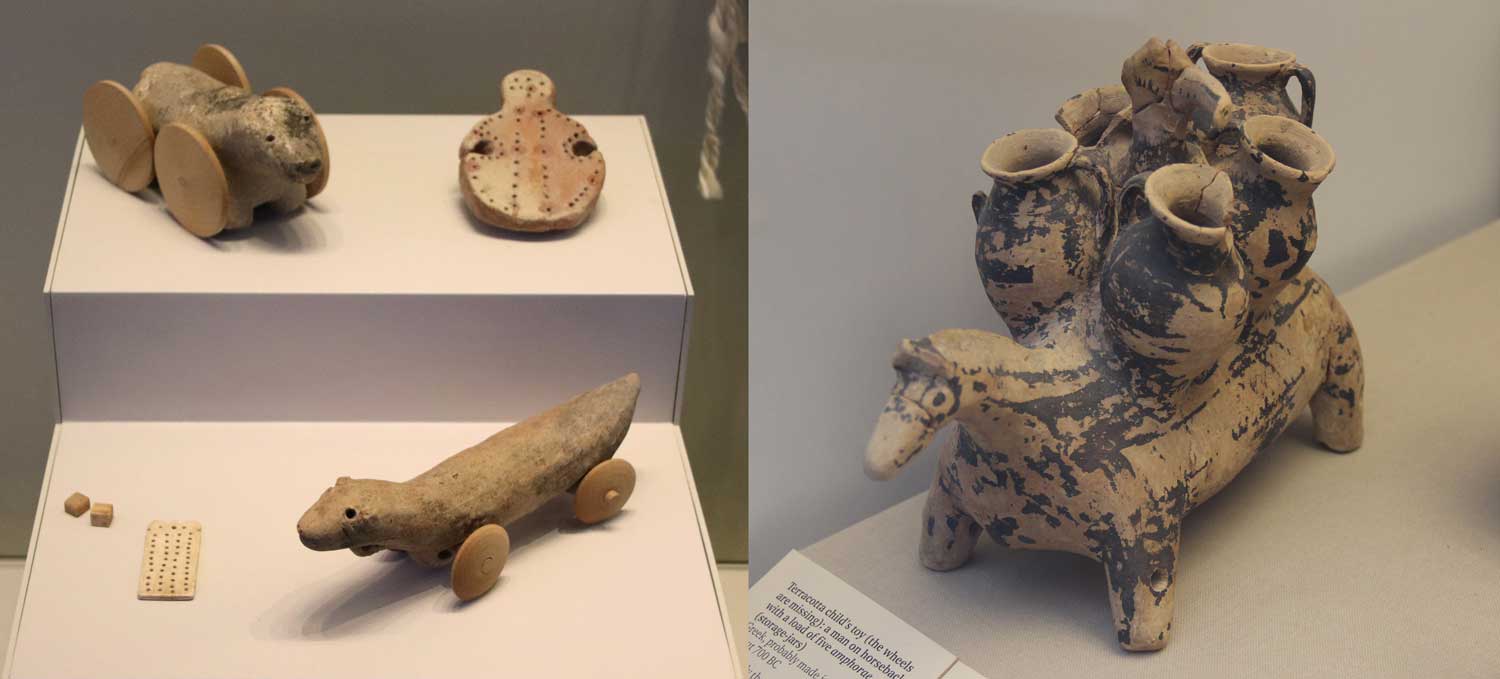 Side by side images of crude pull toys and other toys in a museum display.
