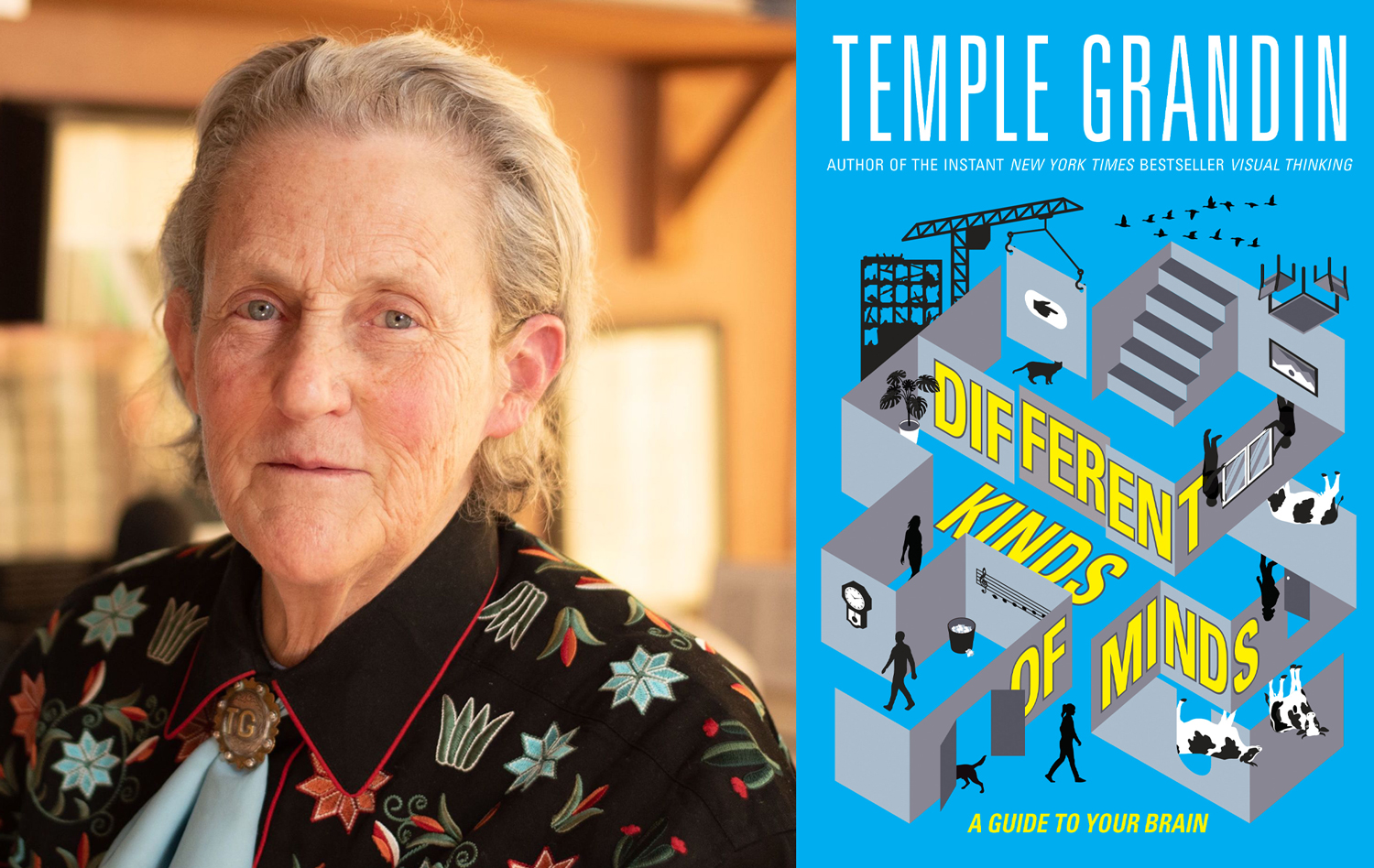 A headshot of Temple Grandin is placed next to the cover of the book Different Kinds of Minds.