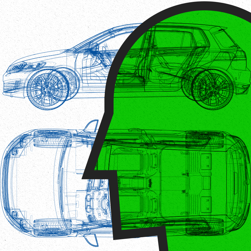 Profile of a head with two diagrams of a car from different angles.