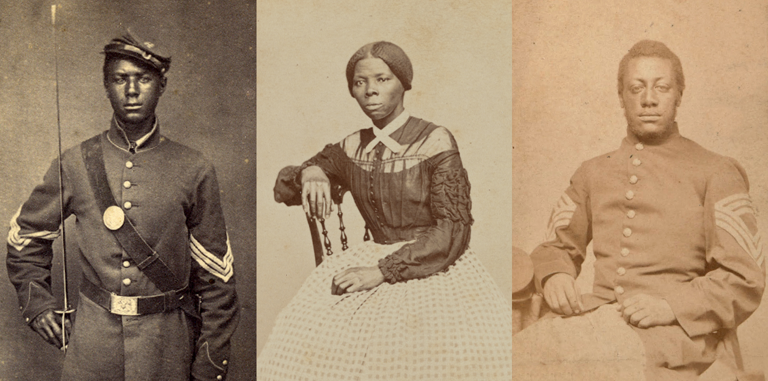 19th century portraits of Sergeant Andrew Jackson Smith, abolitionist Harriet Tubman, and Sergeant Major Lewis Douglass.