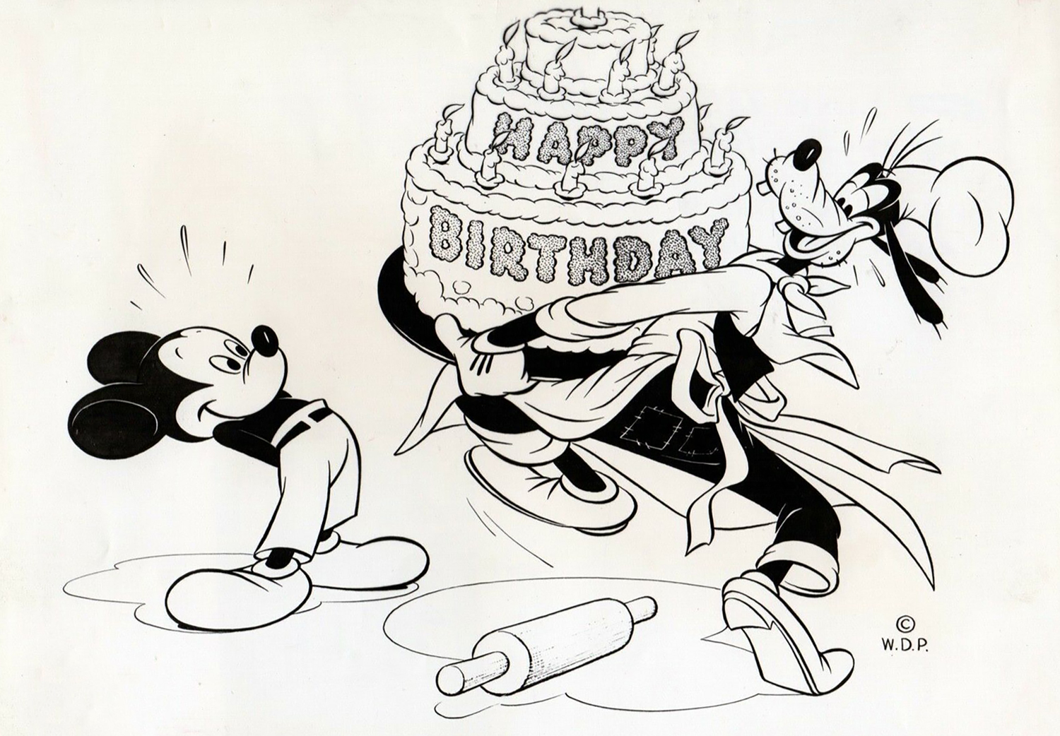 Disney character Goofy presents Mickey Mouse with a large cake with the words Happy Birthday.