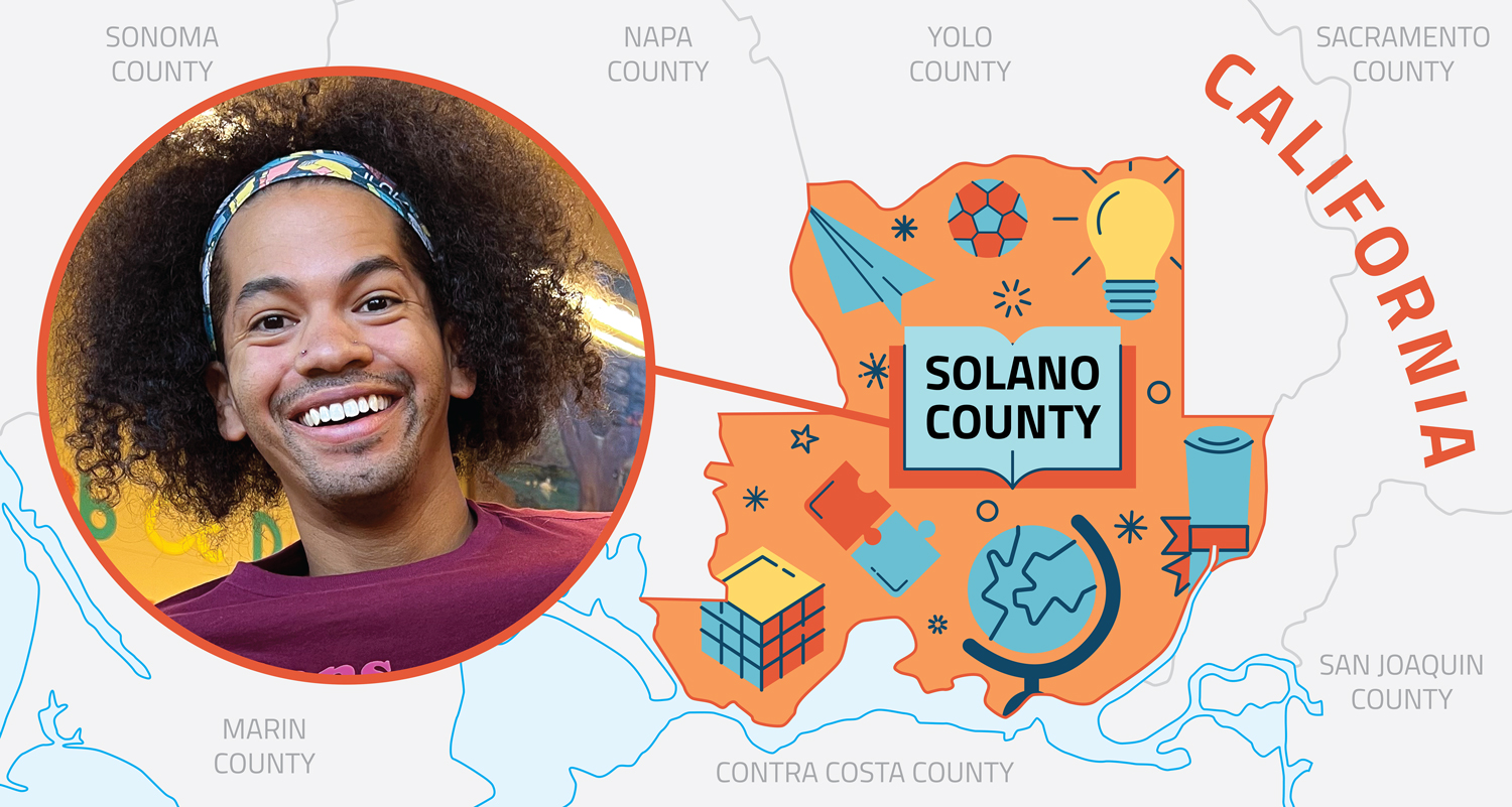 Headshot of Mychal Threets next to map of Solano county with various icons representing books and learning.