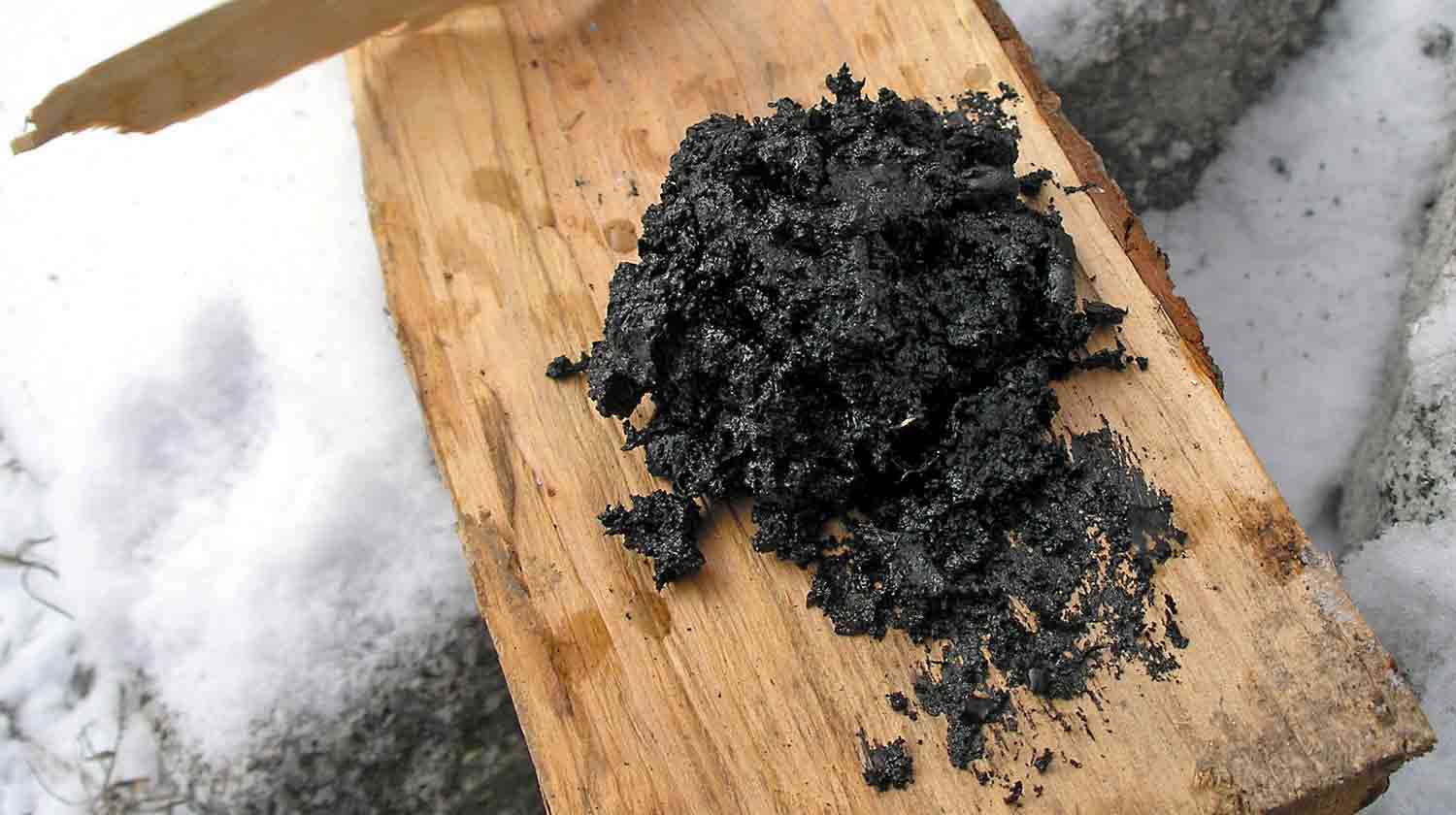A pile of birch tar pitch atop a piece of wood in a snowy area.