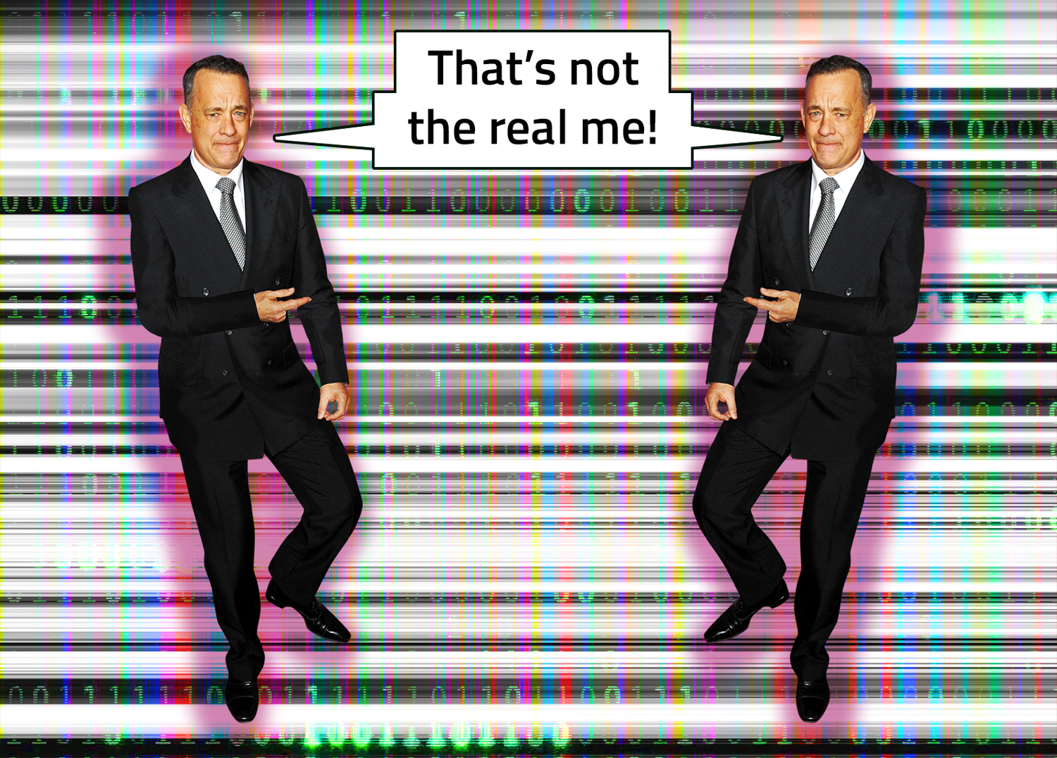 Tom Hanks pointing to a deepfake of himself, with each Hanks claim the other isn’t real.