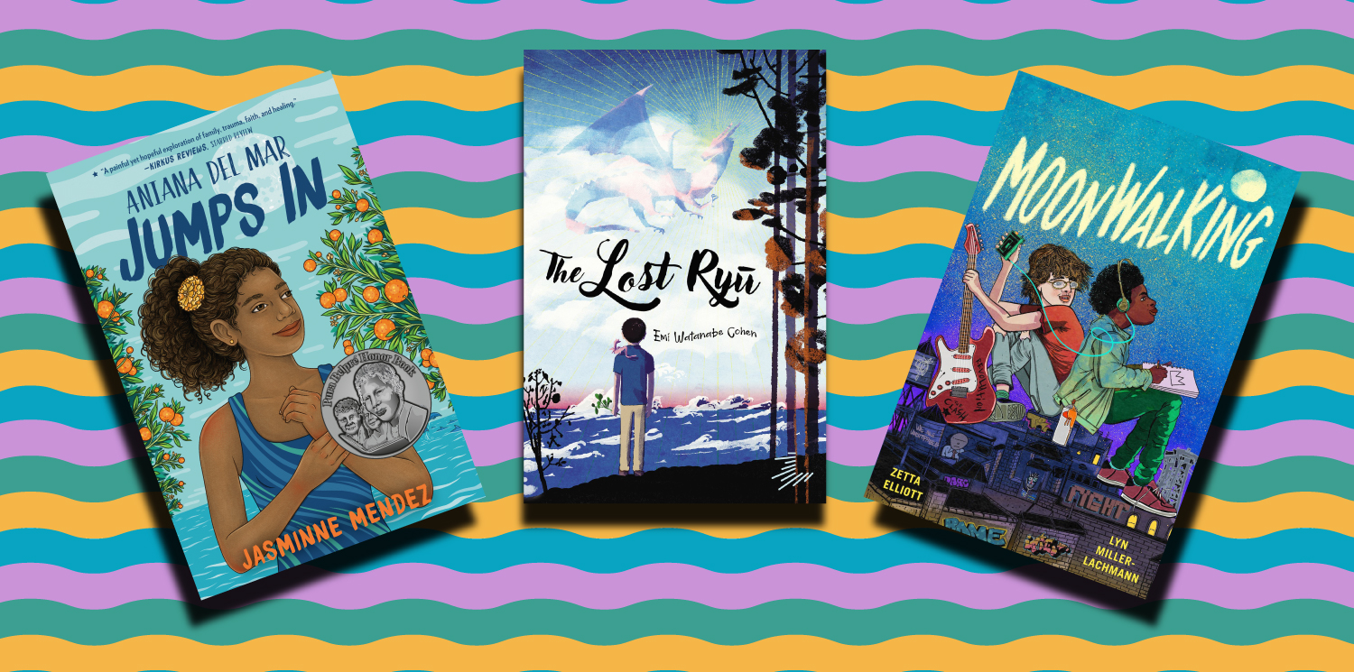 The book covers for Moonwalking, The Lost Ryū, and Aniana Del Mar Jumps In against a wavy, colorful background.