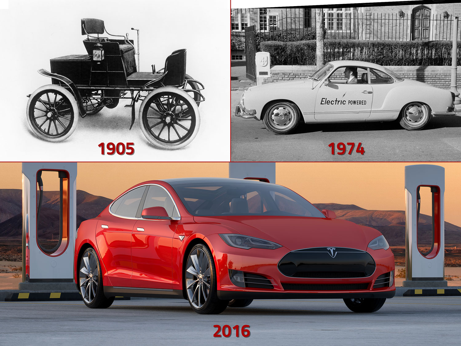 Electric cars from 1905, 1924, and 2016.