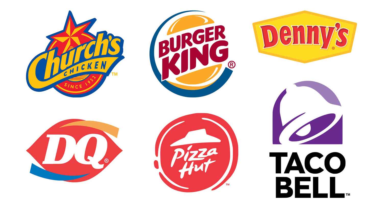 The logos of Church’s Chicken, Burger King, and other fast food chains are shown.