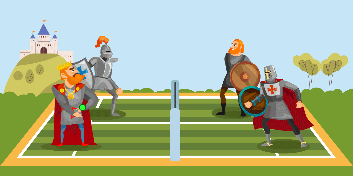A king and three knights play tennis with their bare hands in front of a castle.