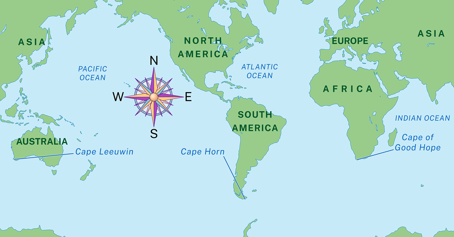 On a world map, a route is traced from Spain, around Africa, Australia, and South America, and back north to Spain.