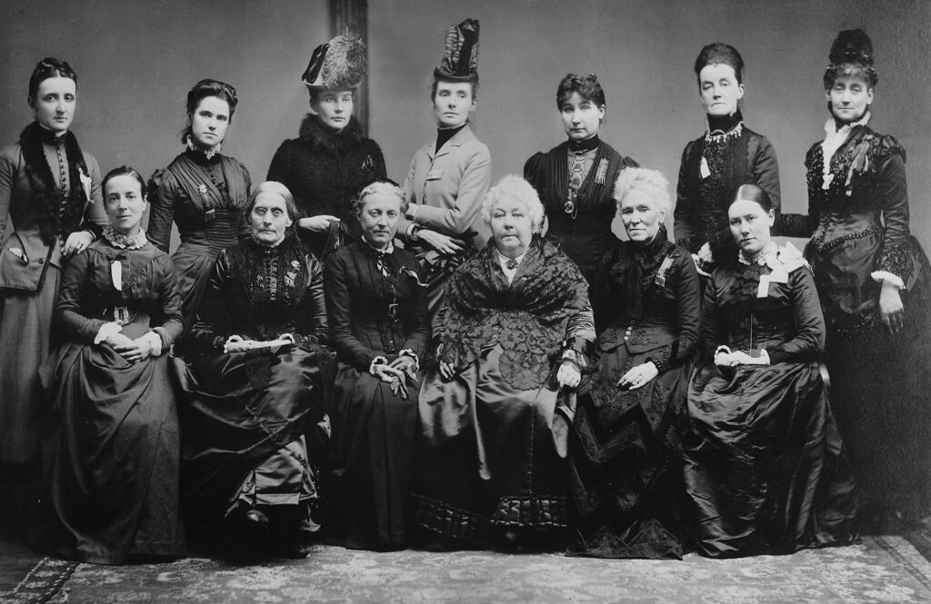 Elizabeth Cady Stanton, Susan B. Anthony, and many other suffragists pose for a group photo