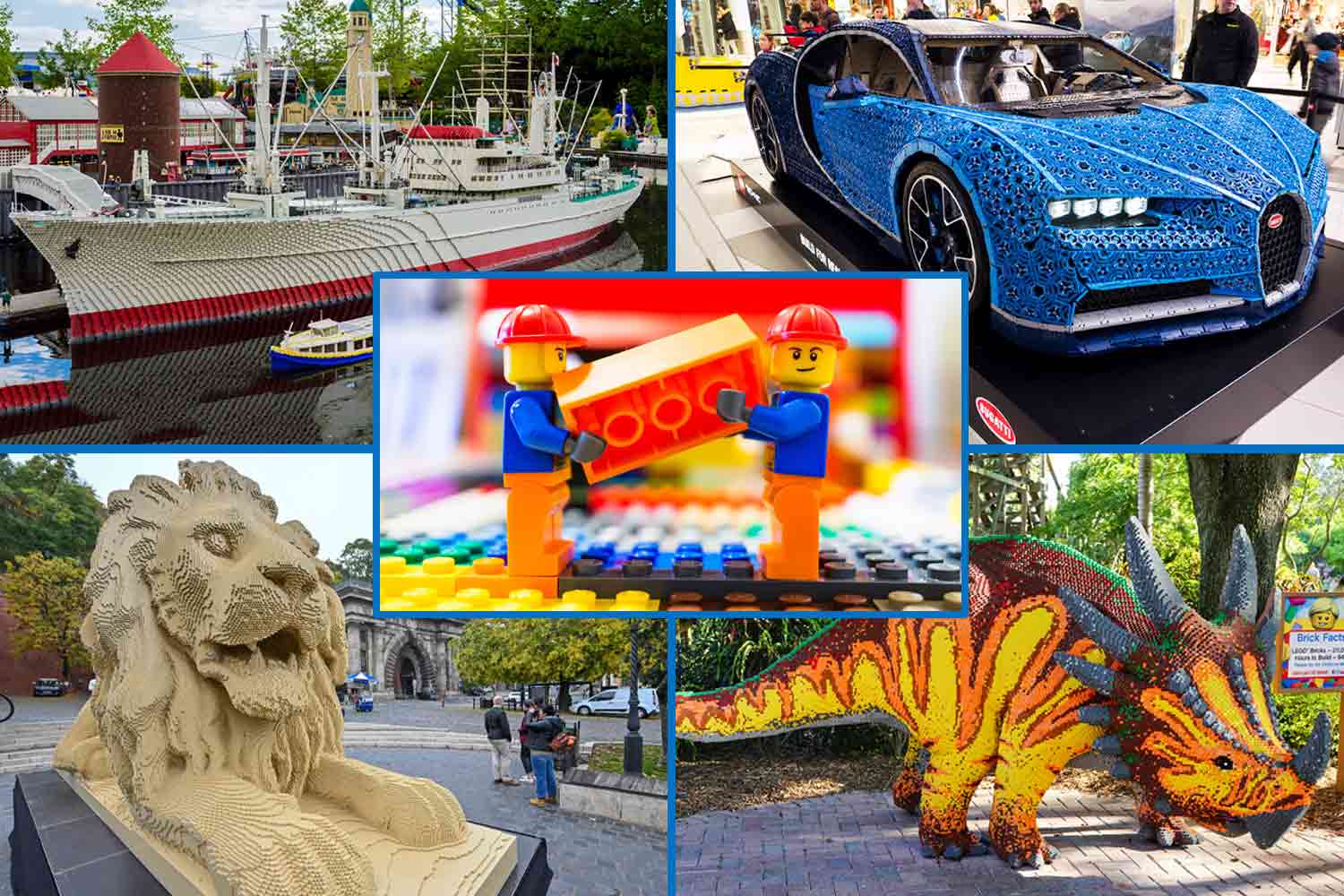 A boat, a car, a lion, and a stegosaurus, all built with LEGO, along with two LEGO people carrying a LEGO brick.