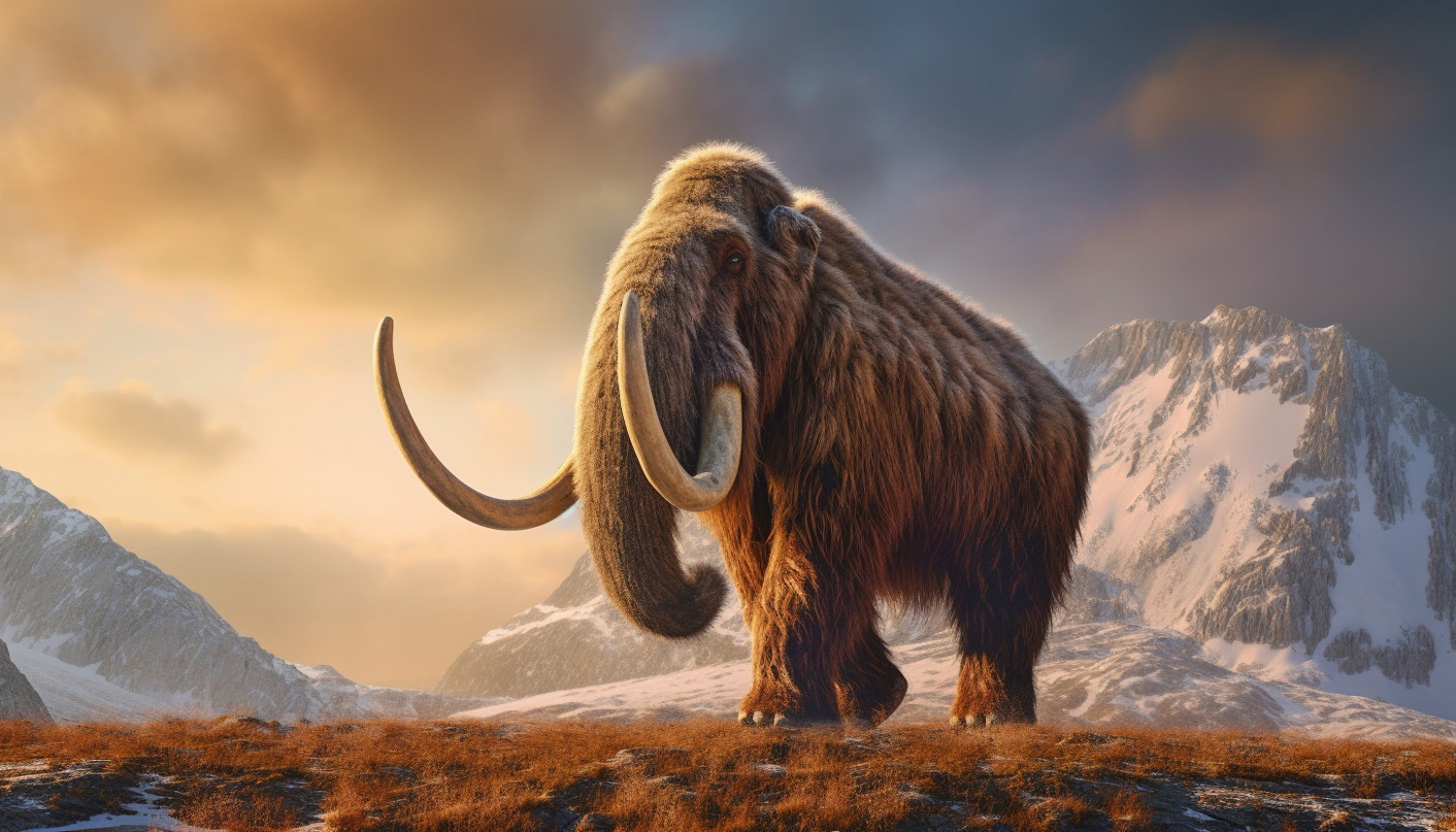 A woolly mammoth walks on brown grass with snowy peaks in the background.
