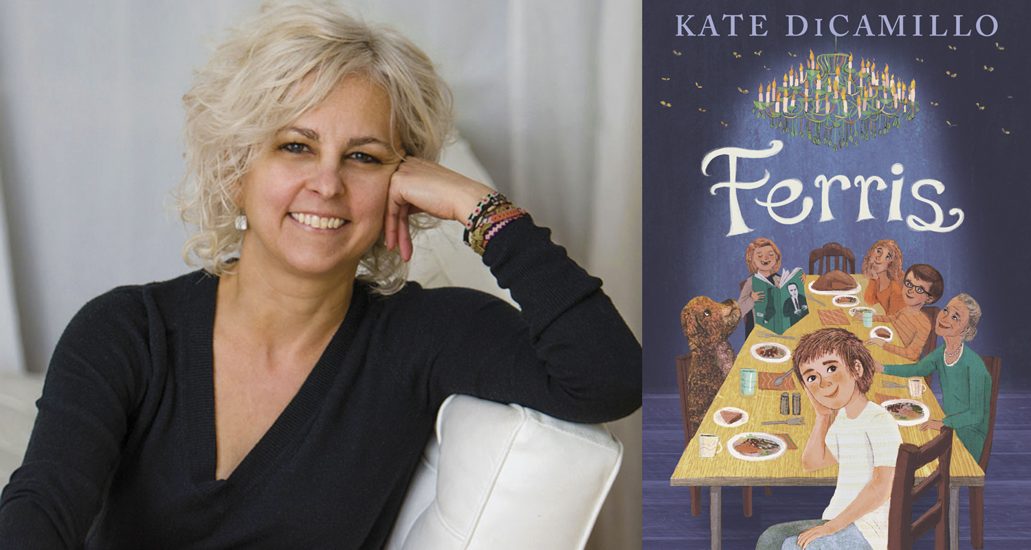 A posed shot of Kate DiCamillo next to the cover of her book, Ferris.