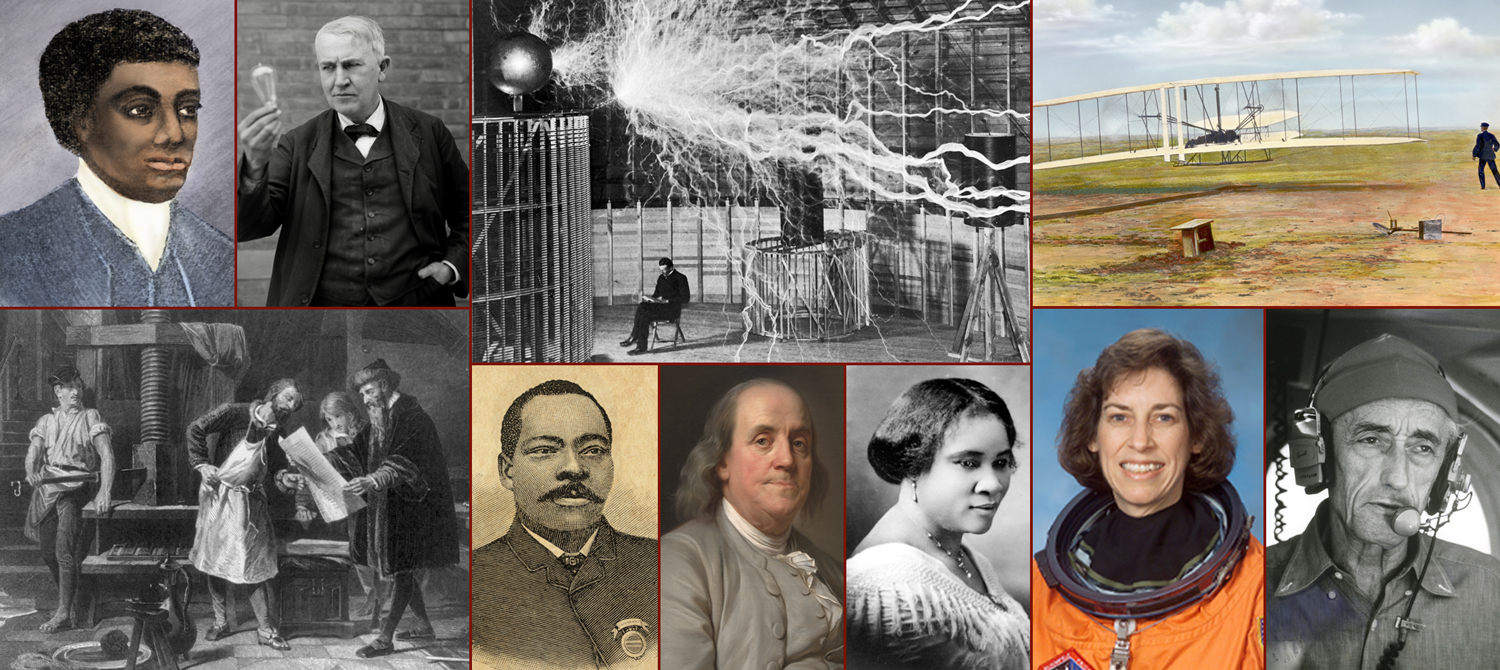 A collage shows various inventors from the past and present.