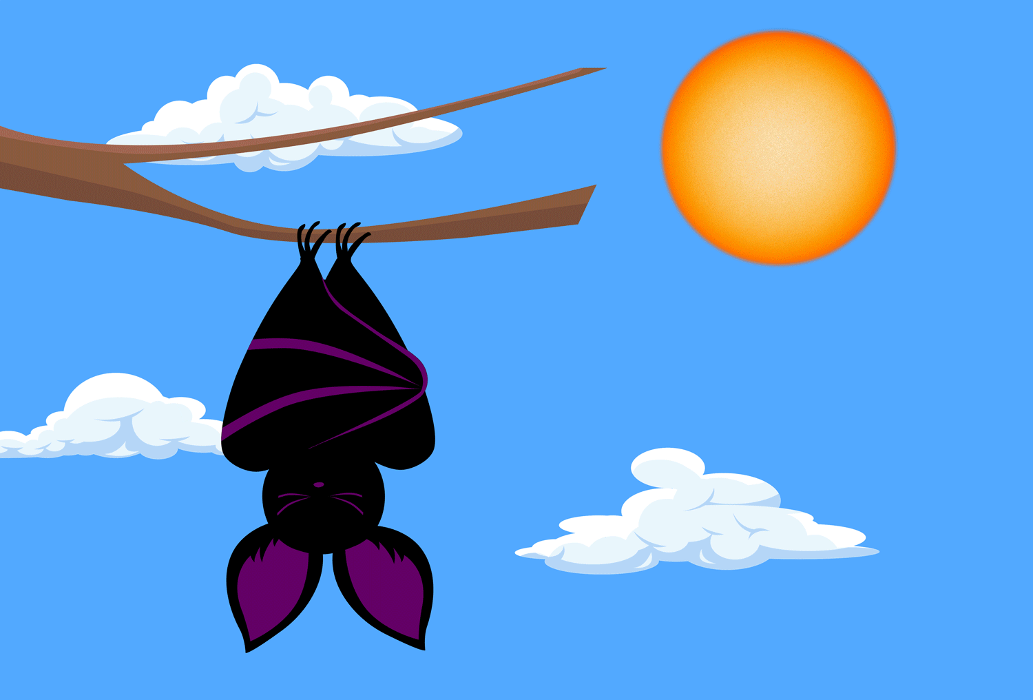 A bat that is sleeping while hanging upside down on a branch opens its eyes when the Moon blocks the Sun.