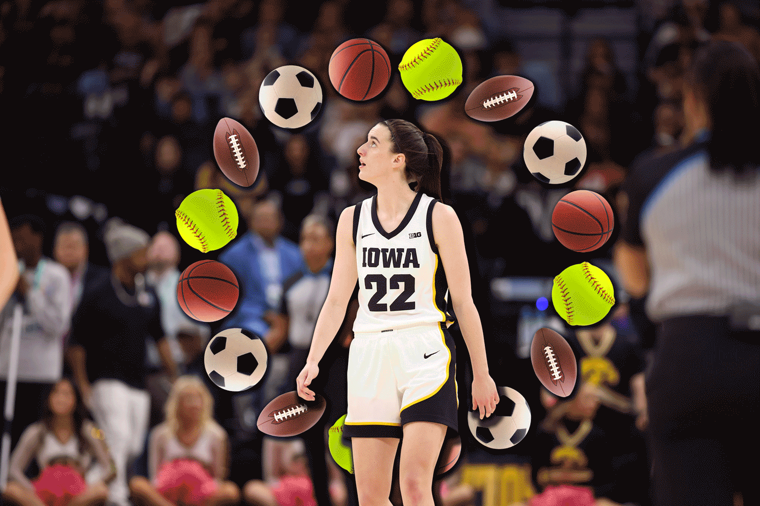 Caitlin Clark in uniform on the basketball court with the balls from the sports she has played circling her head.