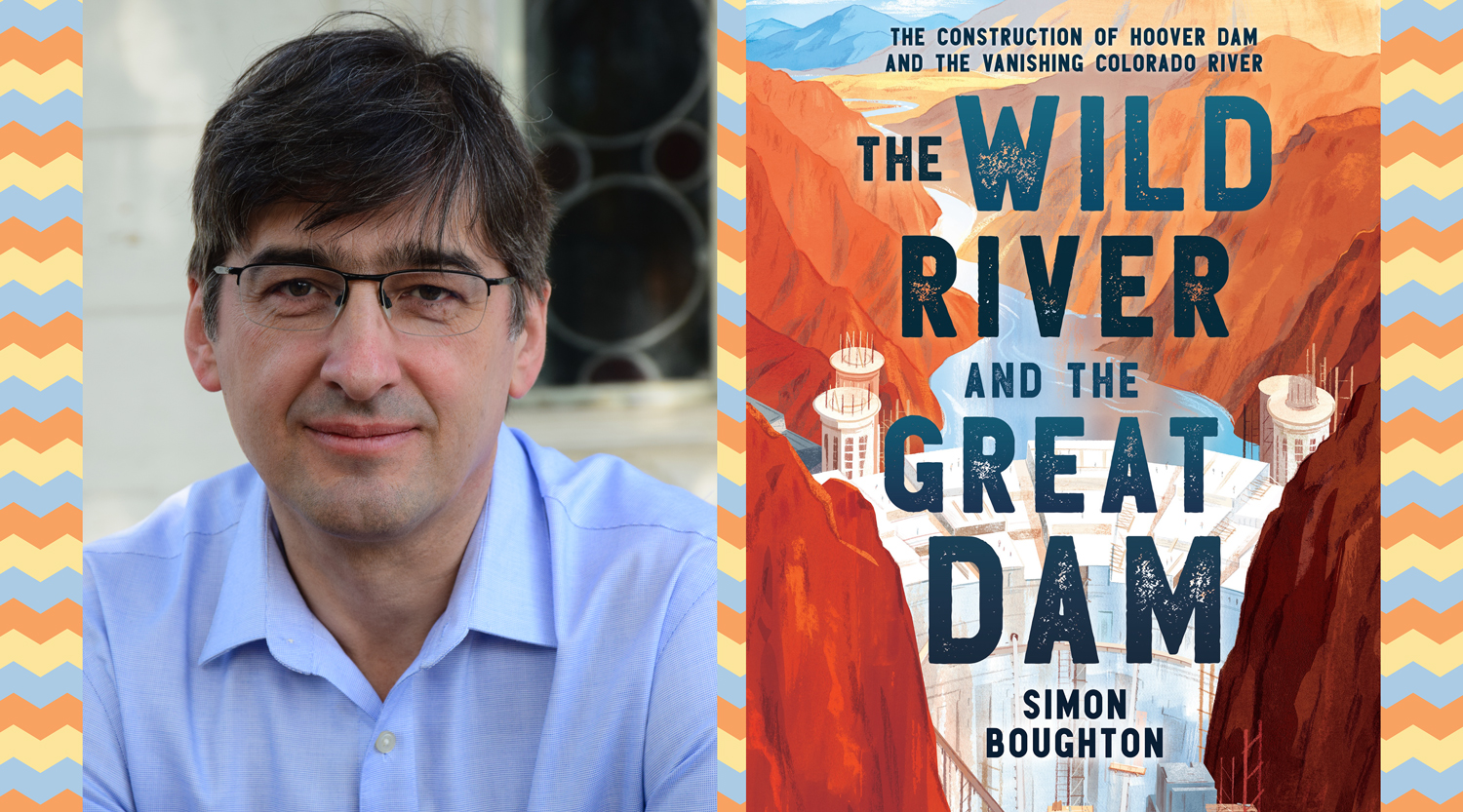 A headshot of Simon Boughton next to the cover of The Wild River and the Great Dam.