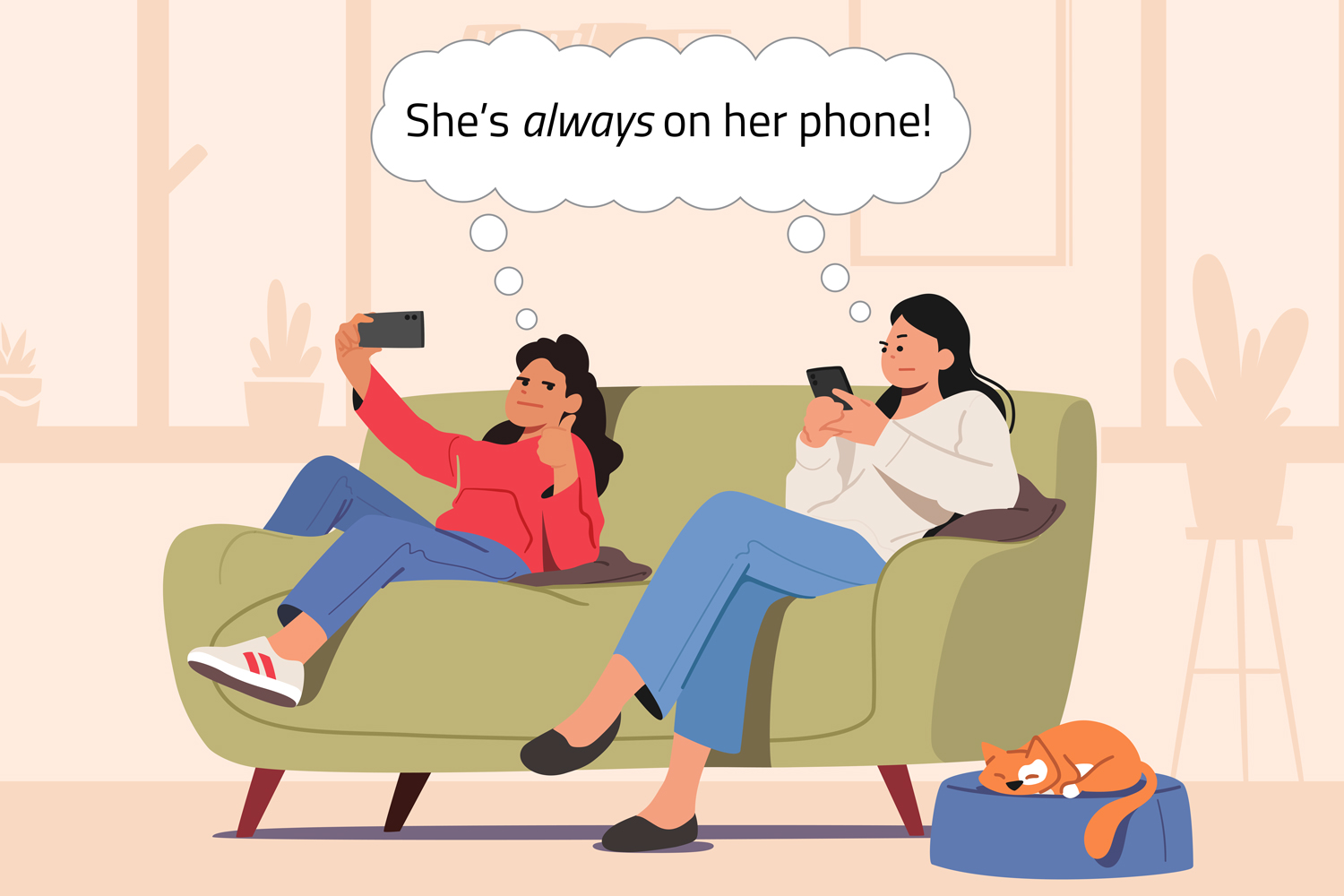 A teen girl and her mother look at their phones as they both think, She’s always on her phone.