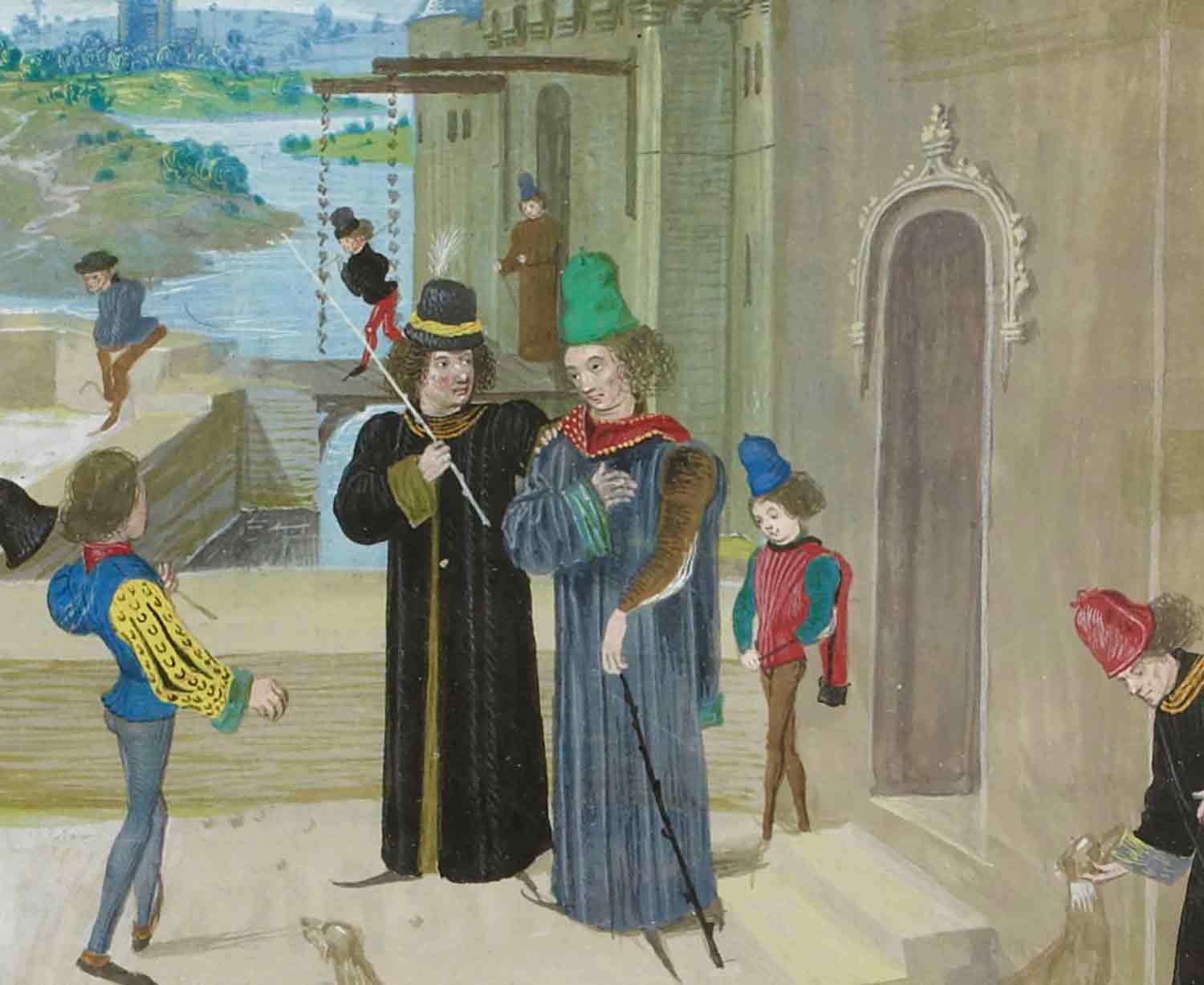 A medieval painting shows a man being arrested outside a castle door with three other people nearby.