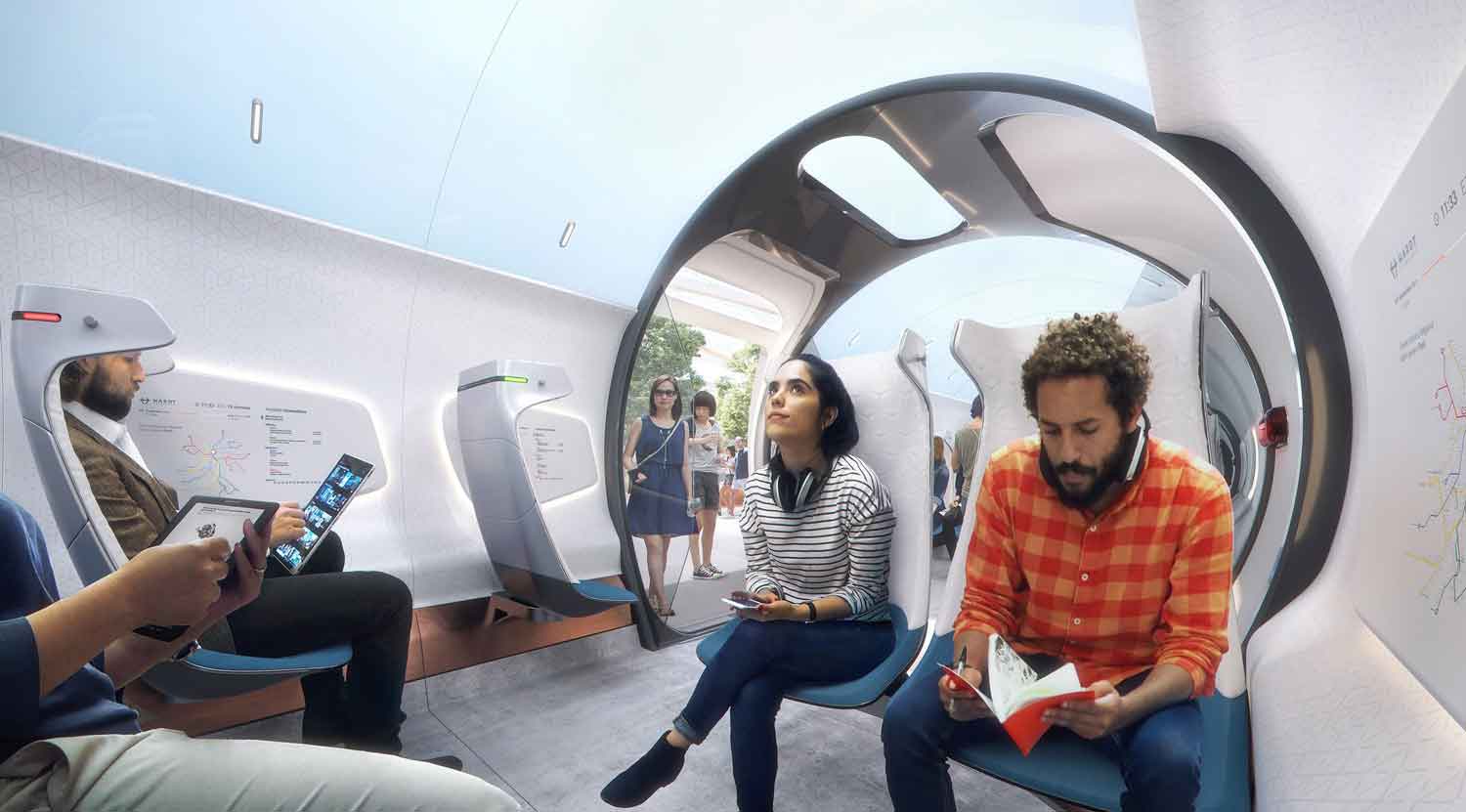 Passengers sit inside a tube-shaped car that other passengers are boarding.
