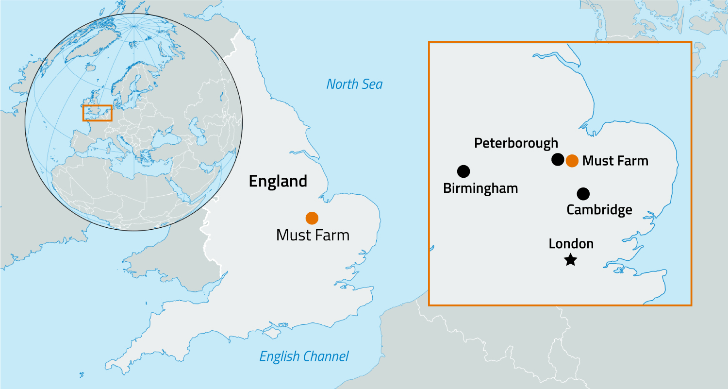 Map of England showing the location of Must Farm with insets showing surrounding cities and the location within Europe.