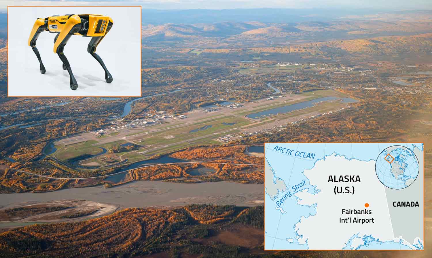 Overhead view of Fairbanks Airport with insets of the Aurora robot and a map showing the location of the airport in Alaska