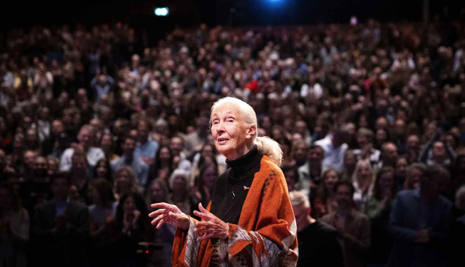 Jane Goodall speaks in front of a large audience.