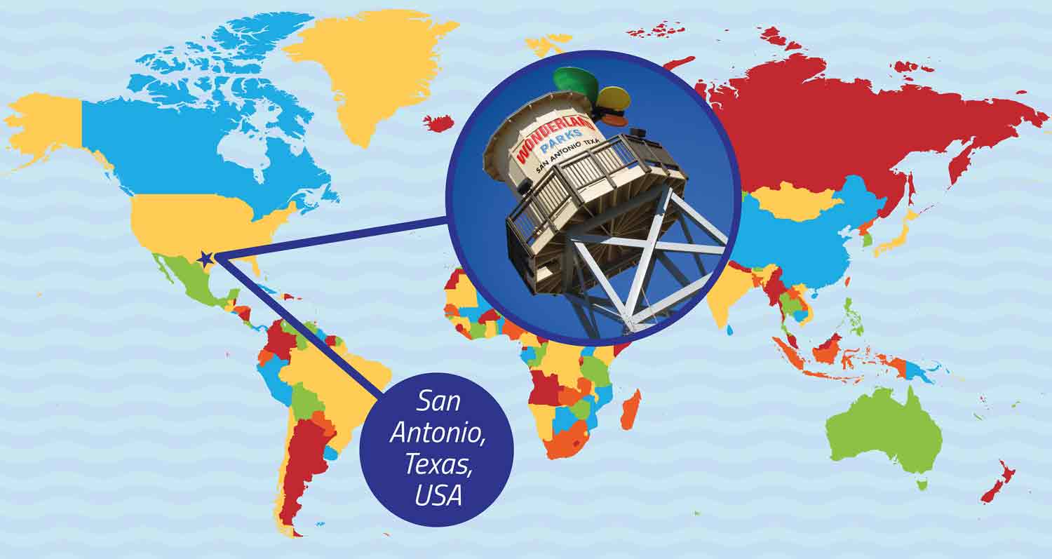 A world map indicates San Antonio, Texas, with a star and a photo of a water tower that says Wonderland Parks.