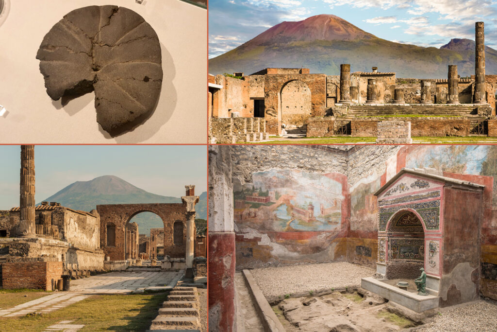 Combination of preserved ancient bread, ancient buildings in front of Mount Vesuvius, and a room decorated with frescoes.