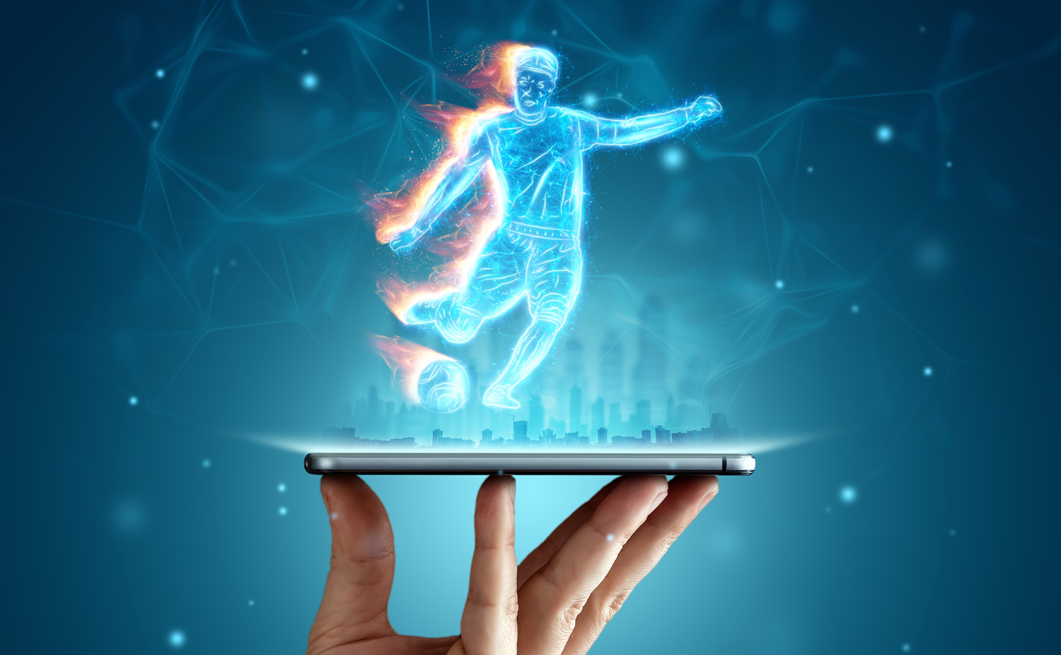 A hologram soccer player runs out of a smartphone screen.