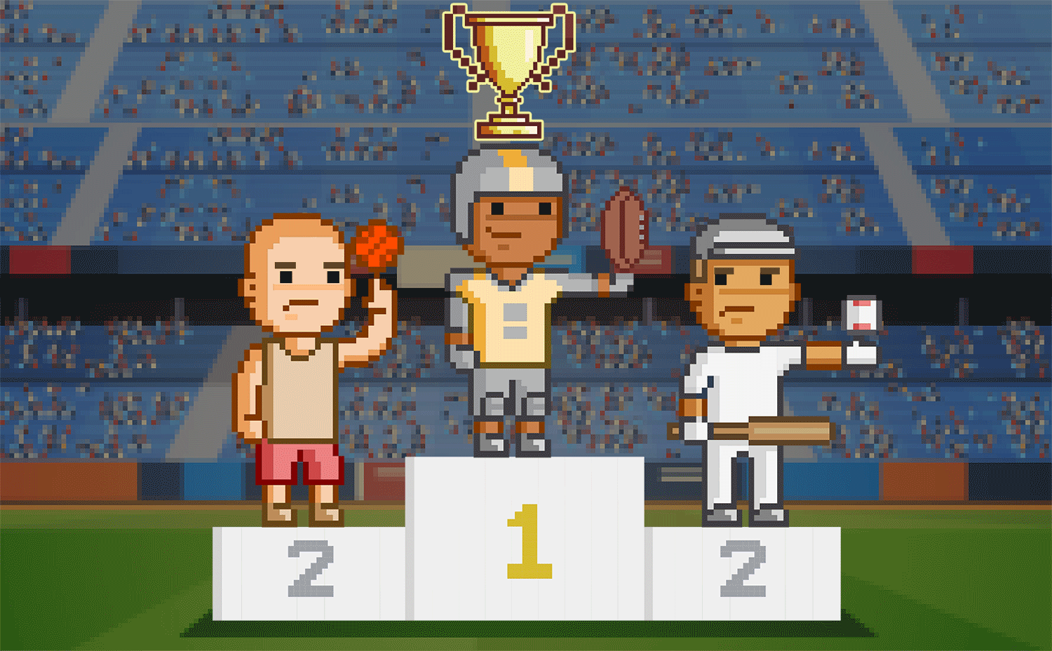 A football player has the number one spot on a podium while a basketball player and a football player each take a number two spot.