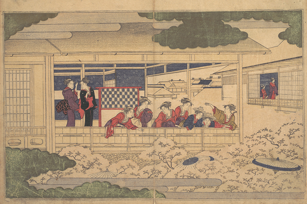 A group of women in kimonos look out a window at cherry blossoms.