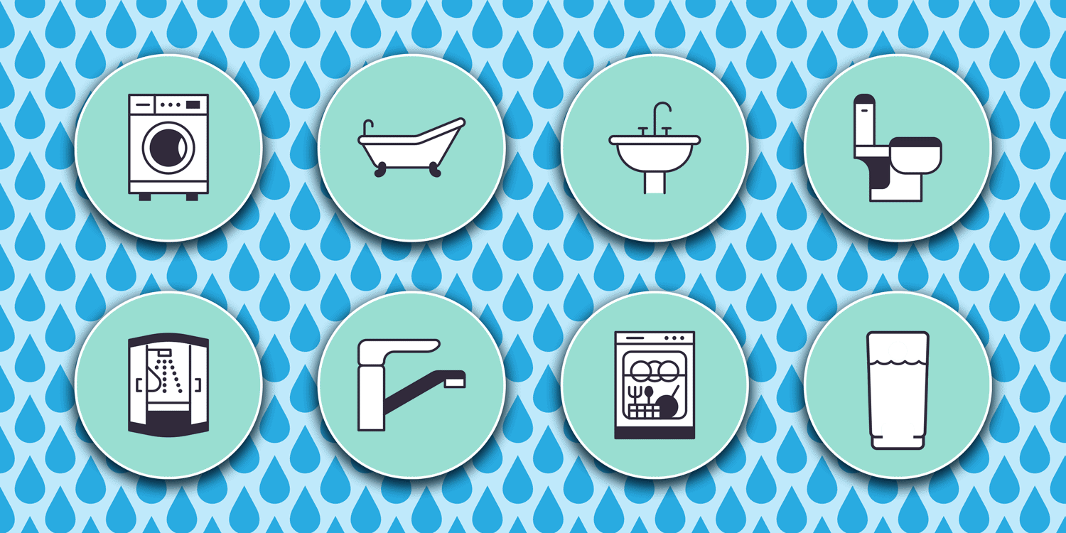 Icons of different water-using appliances with drops of water in the background.