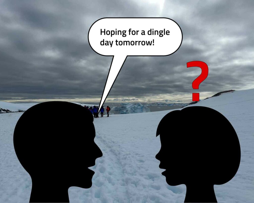 Against a snowy backdrop, a silhouette says he is hoping for a dingle day, while a second silhouette is confused.
