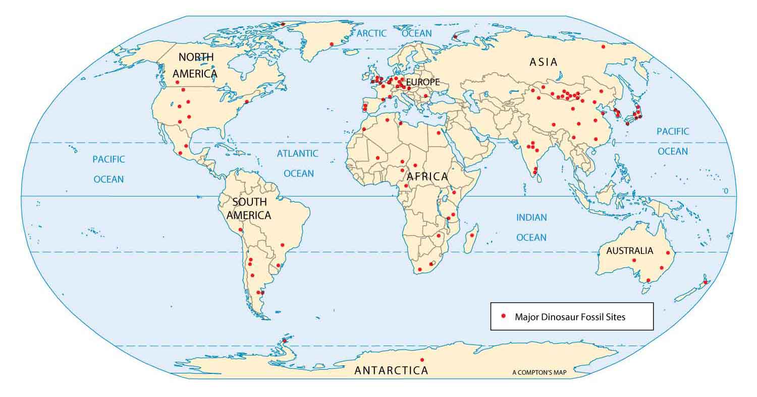 A world map shows the sites where dinosaur fossils have been found.