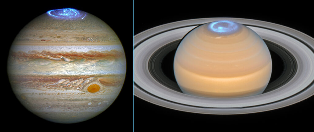 Side by side of Jupiter and Saturn, each with glowing, circular shapes around their north poles.