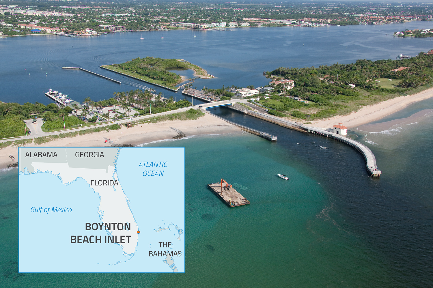 Aerial view of Boynton Beach Inlet with an inset map showing the inlet’s location in Florida