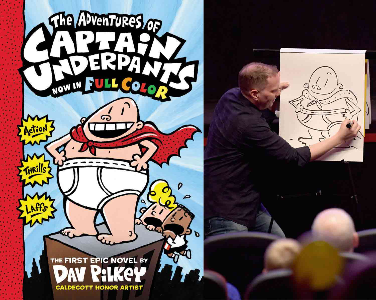 The cover of The Adventures of Captain Underpants next to a photo of Pilkey illustrating Captain Underpants on a stage.