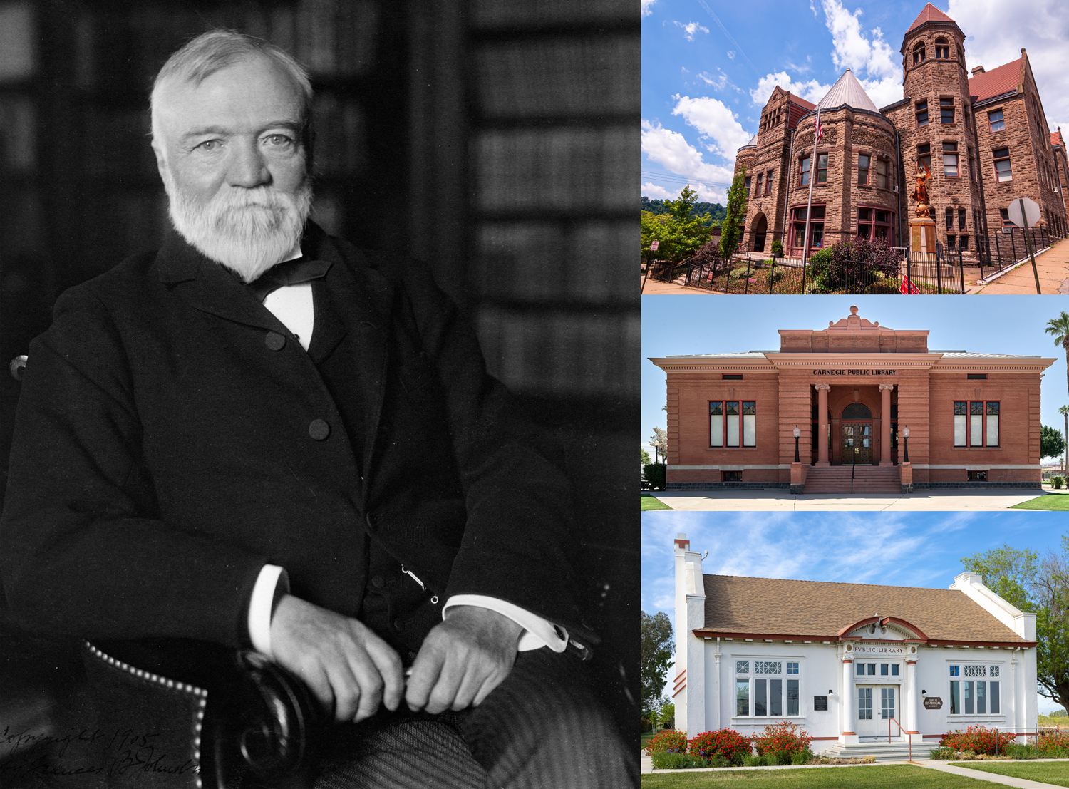 A portrait of Andrew Carnegie along with three of his libraries.