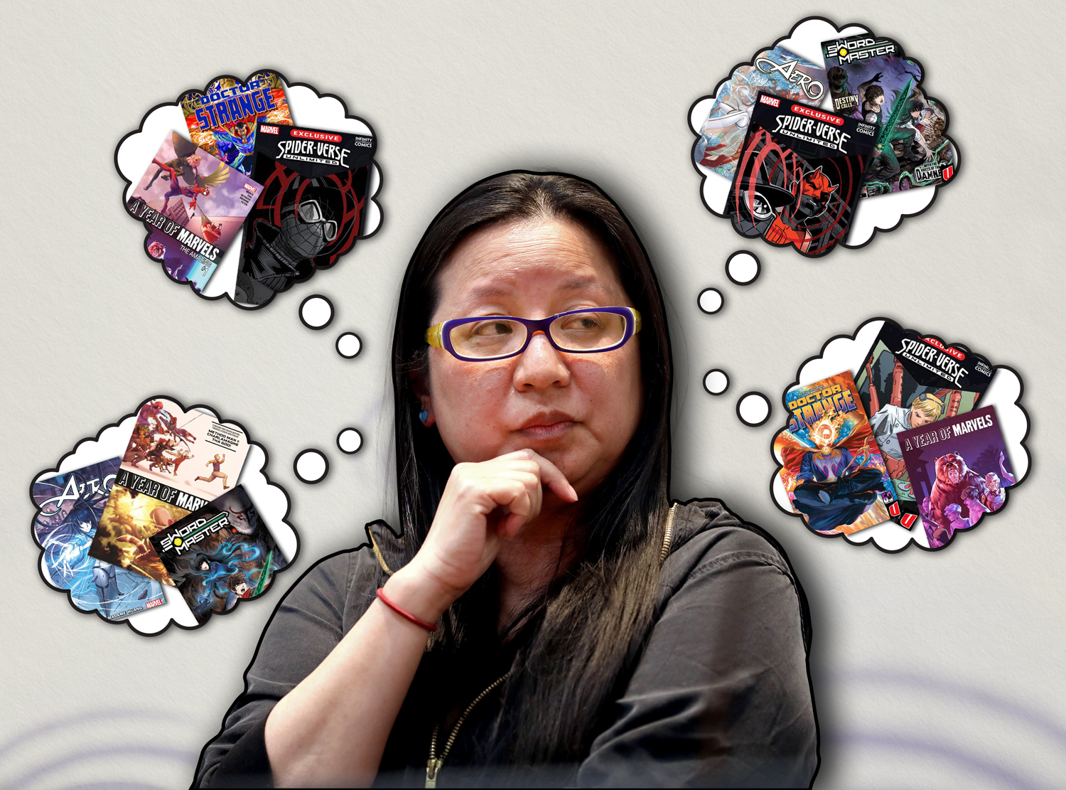 Thought bubbles with Amy Chu’s comic books surround a pensive looking Chu.