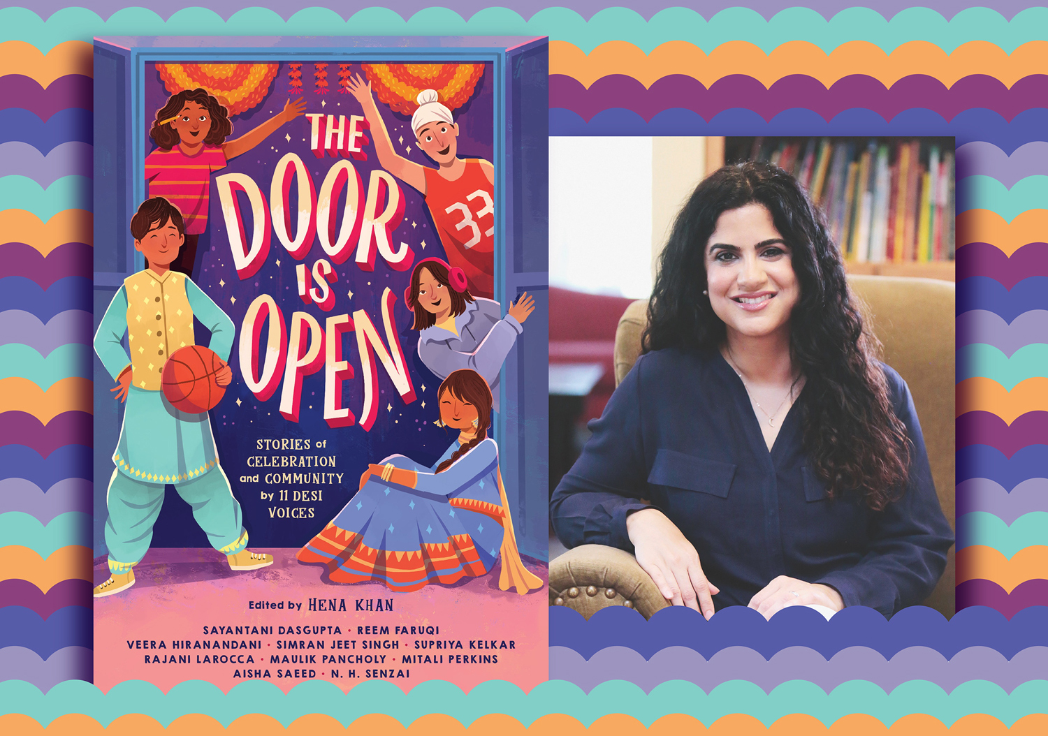 Cover of The Door Is Open featuring five children and a portrait of Hena Khan.
