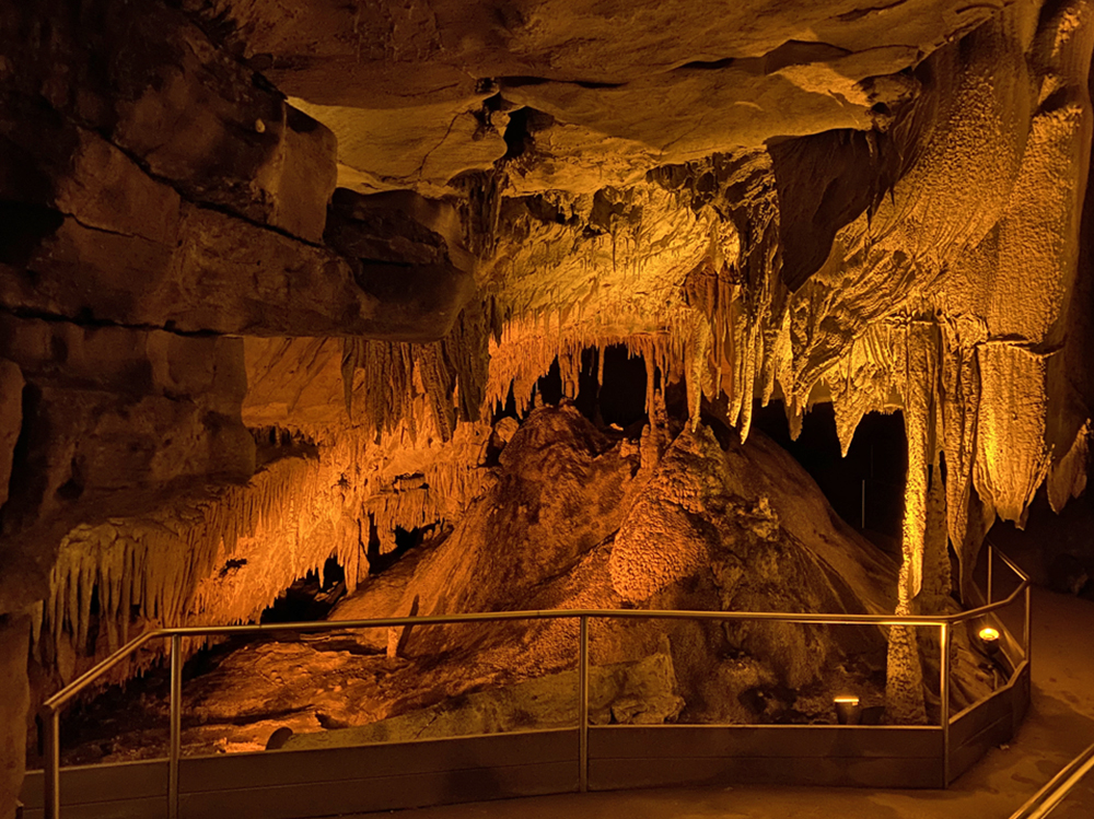 Mammoth Cave is full of mineral formations like these stalactites and stalagmites.